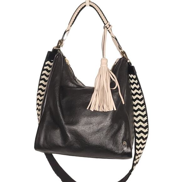 Etienne Aigner Ava Leather Hobo In Black +Anthropologie Chevron Beaded Bag Strap - Picture 2 of 12